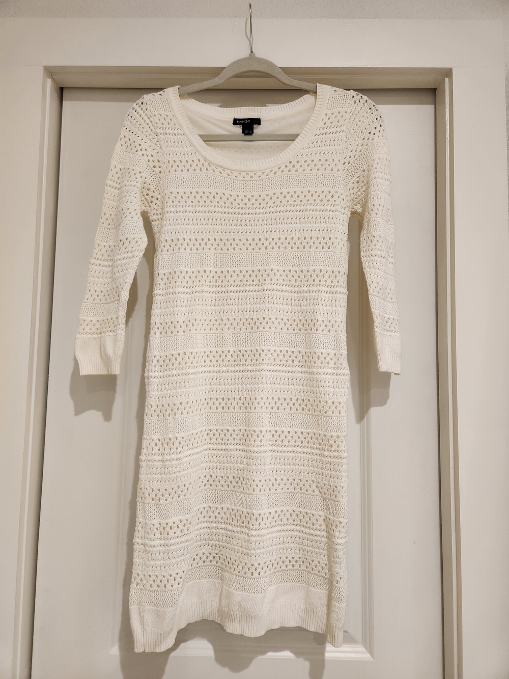 Mango Soft White Crochet Knit Midi Dress
